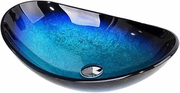Diep Blauwe Wasbak  glas ovaal  met zwarte meng Kraan  sch2