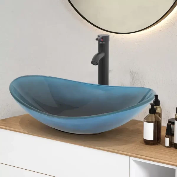 Glazen Wasbak  blauw met zwarte meng Kraan bo 25