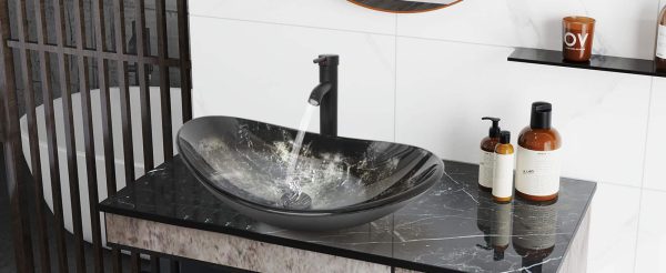 Glazen Wasbak  zwart wit  gevelkt met zwarte meng Kraan bo 15