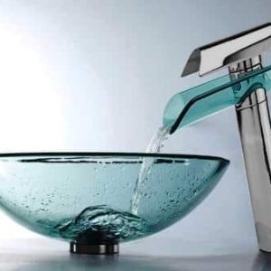 Glazen Wasbak rond met watervalkraan Blank Sol 202