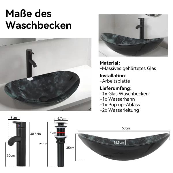 Glazen Wasbak  zwart met zwarte meng Kraan bo 20 - Afbeelding 4