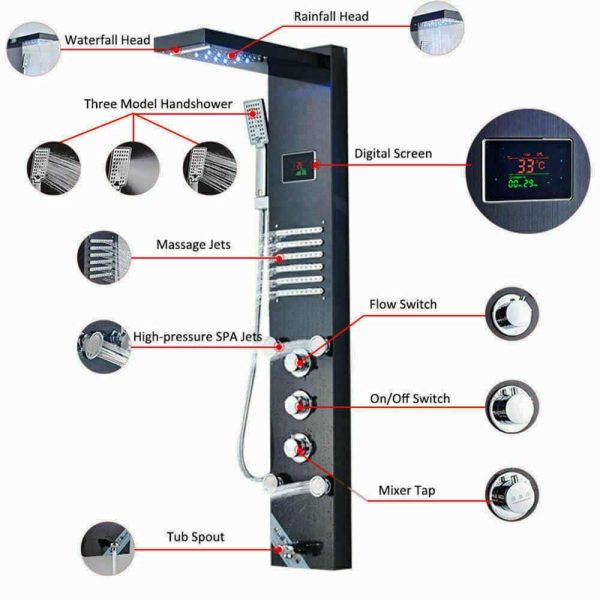 Led  Douche wandpaneel  met Waterval Massage RVS Goud Sol 2400 - Afbeelding 17