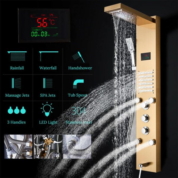 Led  Douche wandpaneel  met Waterval Massage RVS Goud Sol 2400 - Afbeelding 23