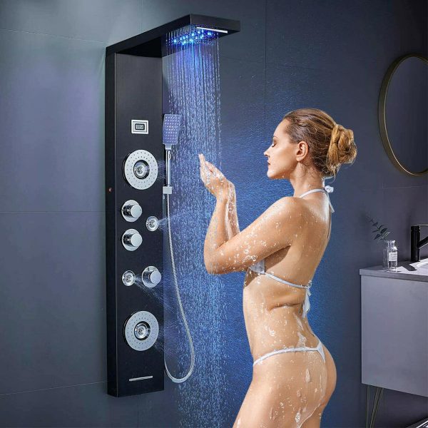 Led  Douche wandpaneel  met Waterval Massage aluminium Zwart Sol 2424