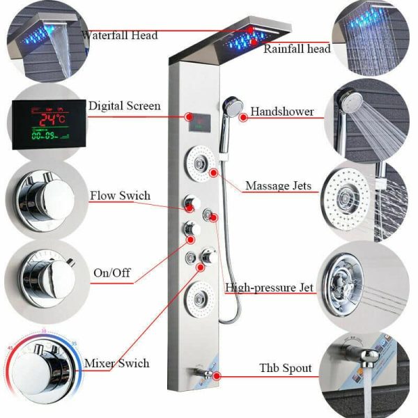 Led  Douche wandpaneel  met Waterval Massage Rvs geborstelt Sol 2412 - Afbeelding 12
