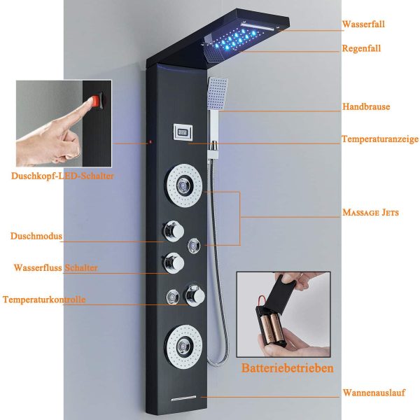 Led  Douche wandpaneel  met Waterval Massage aluminium Zwart Sol 2424 - Afbeelding 7