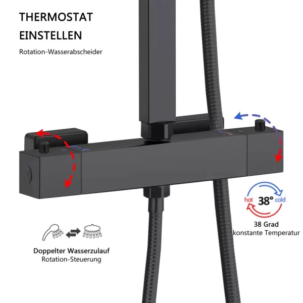 Douchesysteem met thermostaatkraan, regendouche, zwart, ot114 - Afbeelding 5