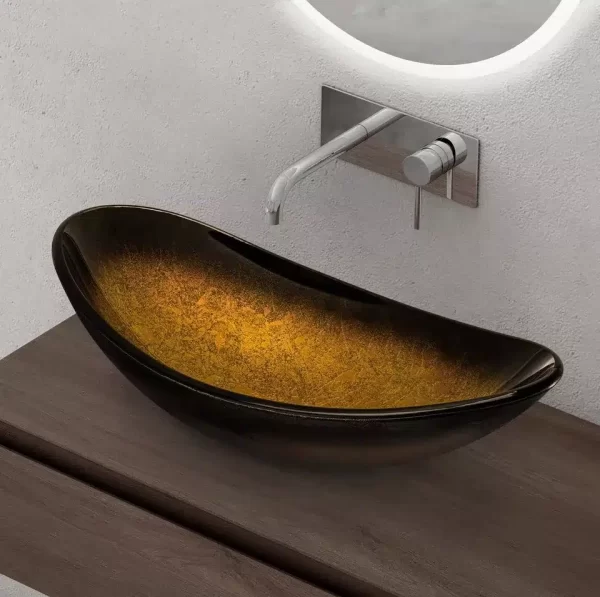 Glazen wastafel, opzetwastafel, waskom, ovaal Zwart Goud 53x35x16 cm Doro 10