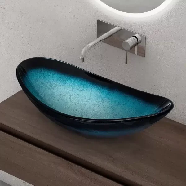 Glazen wastafel, opzetwastafel, waskom, ovaal Zwart Blauw  53x35x16 cm Doro 15