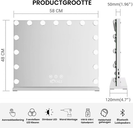 Hollywood Spiegel 58x46CM - Bluetooth Speakers - 15x Led Lampen - USB + USB-C Oplaadpoort sol B 258 - Afbeelding 6
