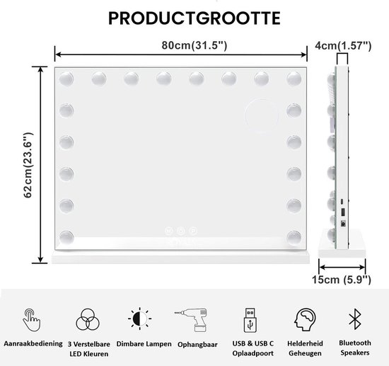 LED badkamer Spiegel 80x60CM - 18x Led Lampen - USB + USB-C Oplaadpoort - 10x Vergroting - B268 - Afbeelding 6