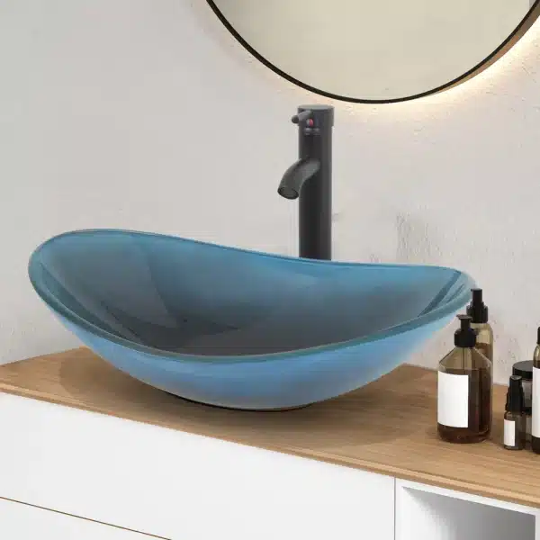 Glazen Wasbak  blauw met zwarte meng Kraan ka 25