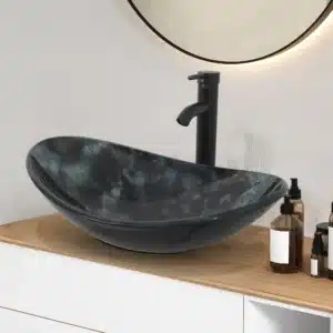 Glazen Wasbak  zwart met zwarte meng Kraan ka 20