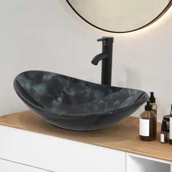 Glazen Wasbak  zwart met zwarte meng Kraan ka 20