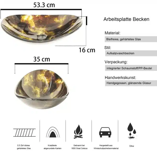 Glazen  Wasbak  zwart geel met zwarte meng Kraan ka 10 - Afbeelding 5