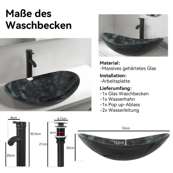 Glazen Wasbak  zwart met zwarte meng Kraan ka 20 - Afbeelding 4