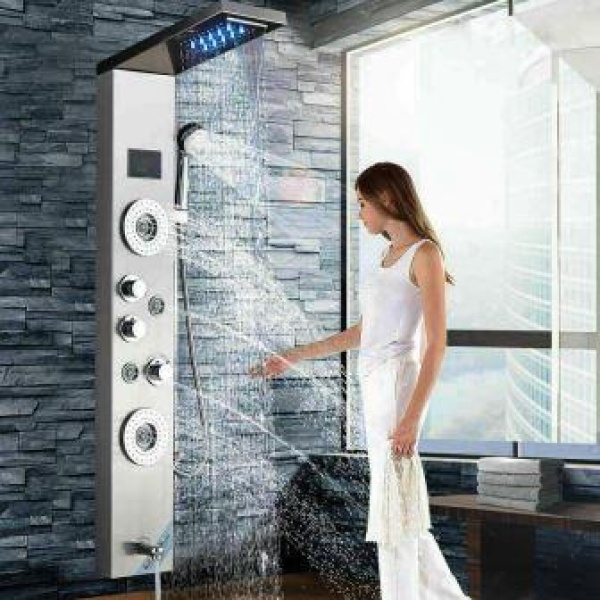 Garderobe Punt agitatie Led Douche wandpaneel met Waterval Massage Rvs geborstelt Sol 2412 - Sanitair Online Garderobe Punt agitatie Led Douche wandpaneel met Waterval Massage Rvs geborstelt Sol 2412 - Sanitair Online
